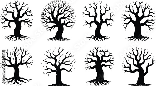 Eight black and white silhouettes of bare trees with intricate branches and roots on a white background