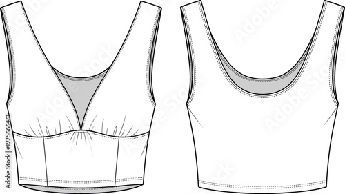 Women's V-neck cropped tank top technical flat sketch, sleeveless bra top CAD drawing, front and back view fashion vector illustration.