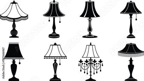 Eight black and white vintage table lamps with different and shapes lamp shade