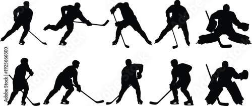 Silhouettes of hockey players in various positions and actions on the ice black