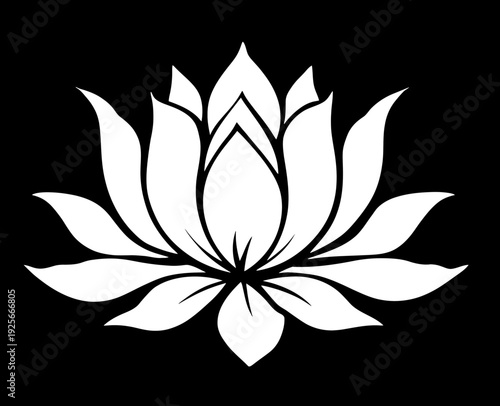 White lotus flower illustration on black background, a symbol of purity, enlightenment, and spiritual growth, elegant vector graphic