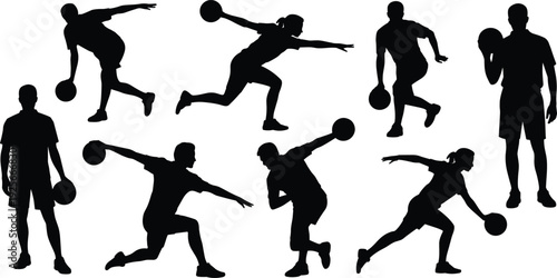 Silhouettes of people playing basketball in various dynamic poses with a basketball action