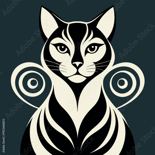 Black and white illustration stylized cat portrait  