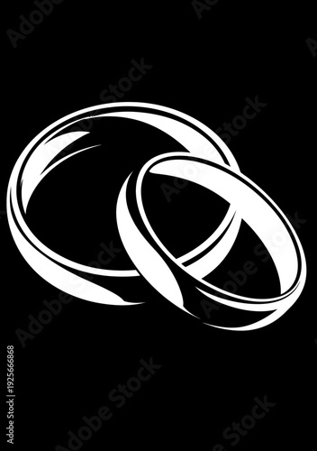 Stylized white interlocked wedding bands on black background, elegant graphic symbol of marriage, love, and union.