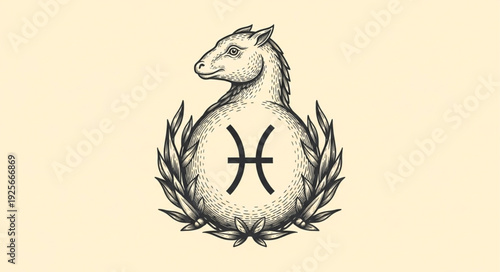 Pisces zodiac symbol with horse head and laurel wreath.