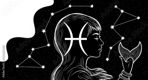 Pisces zodiac symbol on profile of woman with constellation.