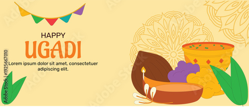 Traditional Happy Gudhi for Indian New Year festival Gudi Padwa (Ugadi) horizontal banner template