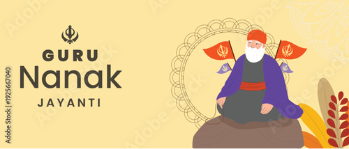 Happy Guru Nanak Jayanti Greeting with Guru Nanak Ji  horizontal banner poster design