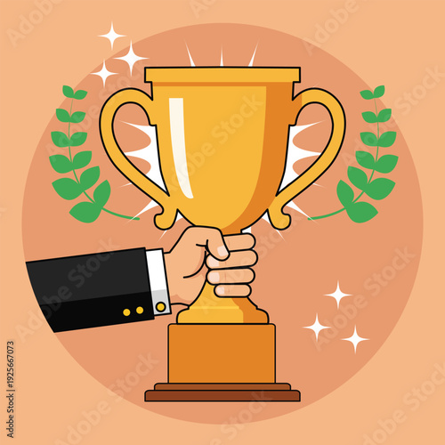 Business Success Trophy in Hand with Laurel Leaves – Winning Achievement Flat Vector Illustration