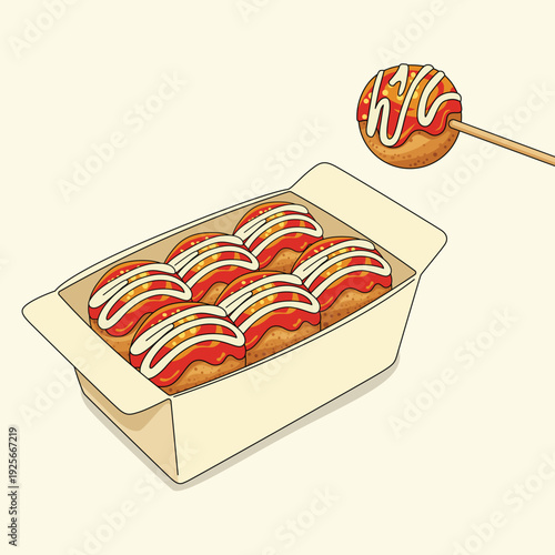 Takoyaki Ball Box with Sauce and Pick on Stick – Cute Japanese Street Food Vector Illustration