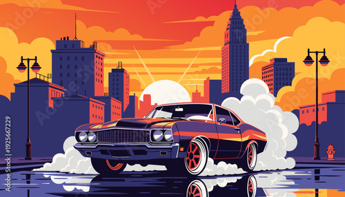 Very beautiful classic muscle car performing a smoky burnout at sunset, glowing sky reflecting on polished metal body.
