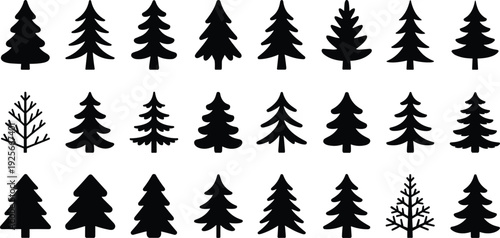 Various black and white tree arranged in a grid pattern on a white background trees silhouette