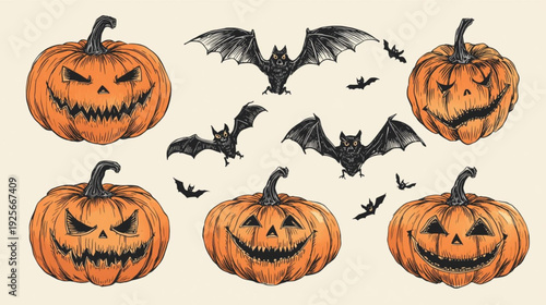 A spooky halloween collection featuring carved pumpkins and silhouetted bats in flight