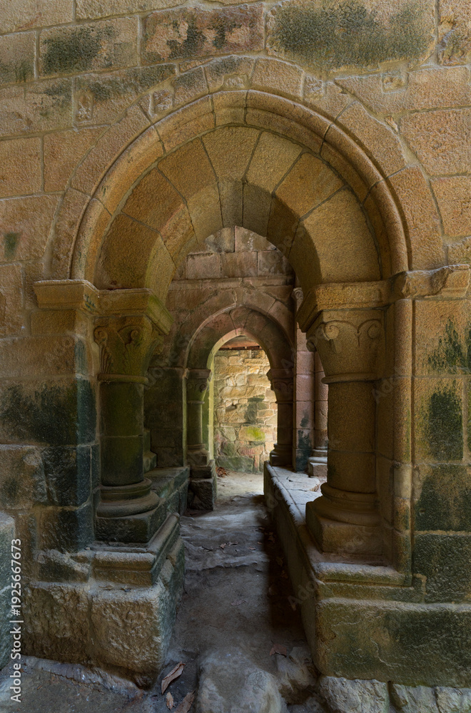Fototapeta premium Details of the Benedictine Monastery of Santa Cristina de Ribas de Sil in Parada del Sil, Ribeira Sacra, Ourense, Galicia, Spain, Europe