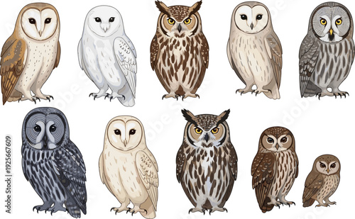 Collection of various owl species illustrations including barn owl, snowy owl, and great horned owl isolated on white background for nature and education.