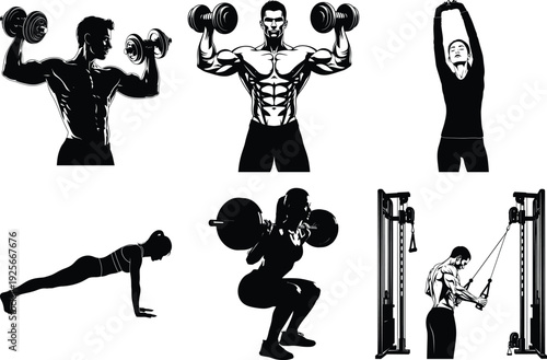 Fitness exercise workout silhouette vector icon set, gym training bodyweight strength black figures, flat design sport activity illustrations for app web