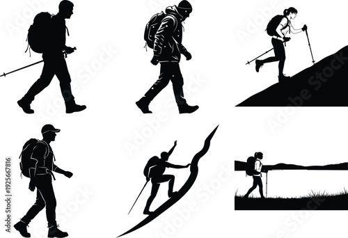 Silhouette vector icon pack of hiking adventure sports and outdoor activities in black and white minimalist style