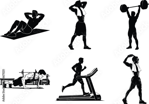 Silhouette vector icon pack of fitness exercises and gym workouts black and white minimalist design