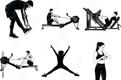 Silhouette vector icon pack of fitness exercises and yoga poses for workout design and health lifestyle
