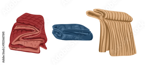 Set of folded blanket and plaid in different color isolated on white background. Home textile collection for comfort interior and cozy lifestyle concept