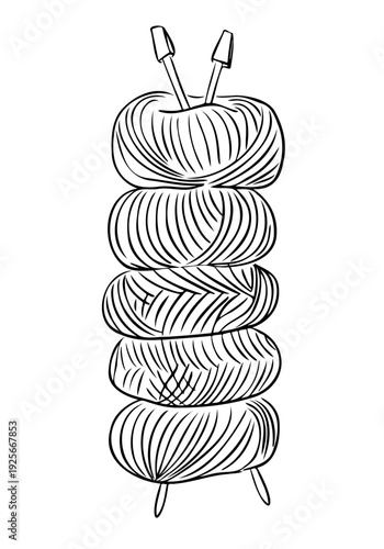 Stack of yarn ball with knitting needle in hand drawn outline style. Craft hobby illustration for knitting handmade and creativity concept
