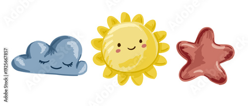 Set of sun cloud and star plush toy isolated on white background. Cute nursery illustration for childhood imagination and weather concept