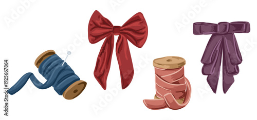 Set of ribbon spool and bow in different color isolated on white background. Sewing accessory collection for craft decoration and handmade concept