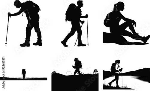 Silhouette vector icon pack of hiking travel adventure and outdoor activities with trekking backpacker and camping scenes