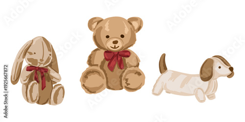 Set of teddy bear bunny and dog plush toy with ribbon isolated on white background. Cute childhood collection for nursery decor and comfort concept