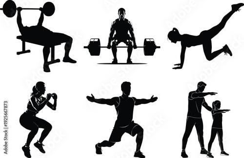 Silhouette vector icon pack of fitness exercises and workout routines for gym and home training
