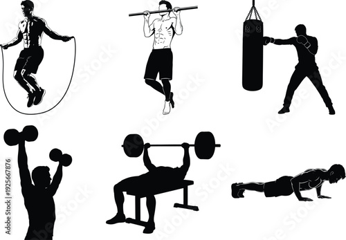 Silhouette fitness exercise workout icons vector set gym training activities black flat design illustrations pack