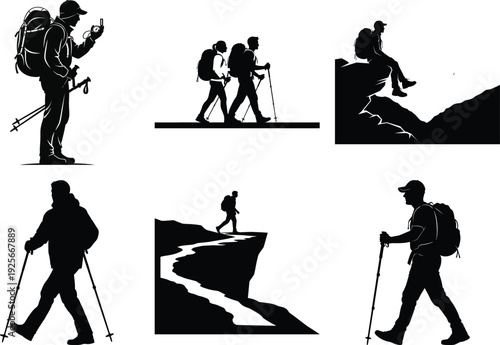 Silhouette hiking adventure vector icon pack with trekking family group and mountain climbers in black and white minimalist design