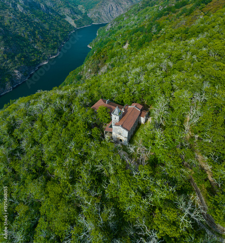 Aerial view from a drone of the Benedictine Monastery of Santa Cristina de Ribas de Sil in Parada del Sil, Ribeira Sacra, Ourense, Galicia, Spain, Europe