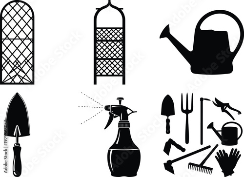 Gardening Tools Silhouette Vector Icon Pack Set Black Line Art Home Garden Planting Equipment Flat Design
