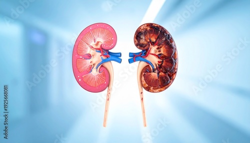 Medical illustration comparing healthy and diseased human kidneys side by side.