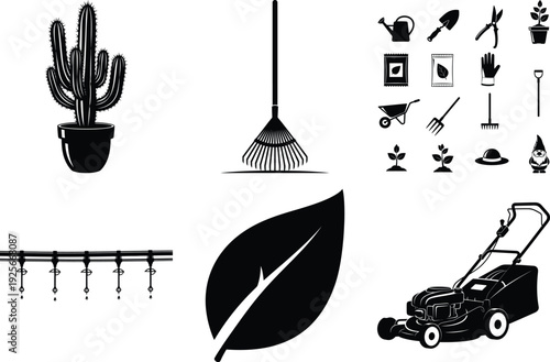 Silhouette vector icon pack of gardening tools and cactus plant for home and garden design elements