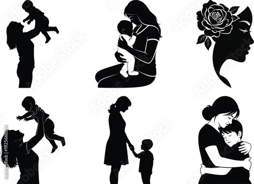 Family silhouette vector icon pack, parent child bonding moments, black and white minimalist design, flat style illustrations for commercial use