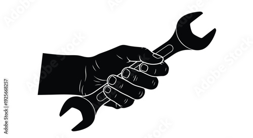 A black silhouette of a hand firmly gripping an open end wrench