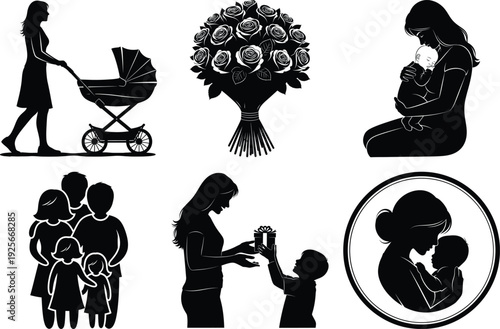 Family silhouette vector icon set with mother child baby stroller bouquet pregnancy love flat design black white minimalist