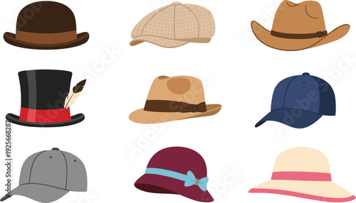 Flat vector illustration set of various men and women fashion hats including cowboy hat, top hat, baseball cap, fedora, and sun hat isolated on white.