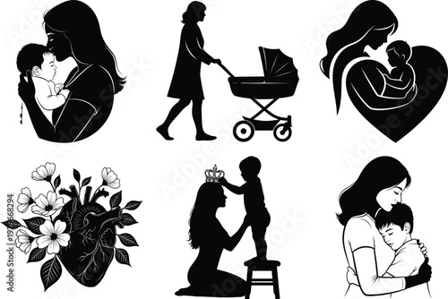 Silhouette vector icon pack of motherhood family care parenting love and pregnancy black and white illustrations
