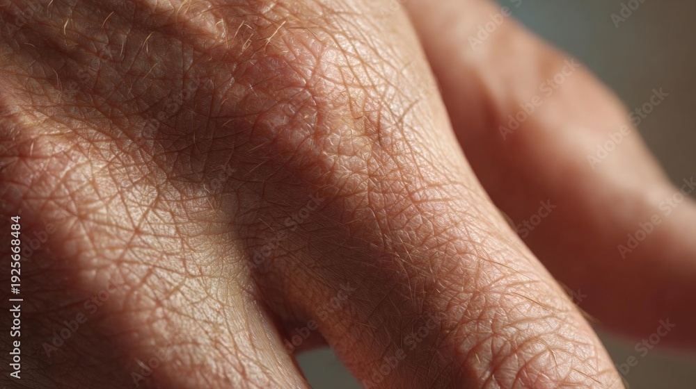 Fototapeta premium Close-up of a person's hand, specifically the palm of their hand. the skin appears to be dry and wrinkled, with visible signs of discoloration and swelling.
