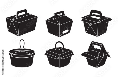 Collection of black food delivery containers with handles on transparent background food packaging and takeaway boxes graphic design elements vector illustration