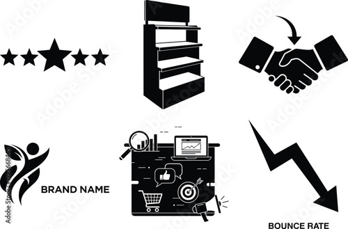 Business success and growth vector icon set with brand logo, bounce rate, analytics, and achievement symbols for marketing and SEO