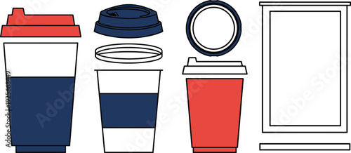 Takeaway Coffee Cup Vector Illustration Set with Paper Cup Lids and Sleeve Icons for Cafe Branding and Morning Beverage Design