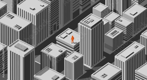 Isometric cityscape with isolated figure conceptual illustration