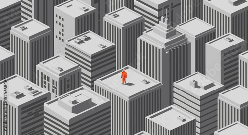 Isometric cityscape illustration featuring a solitary figure on a rooftop