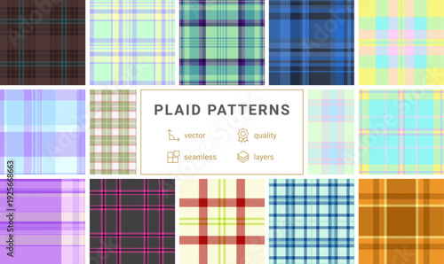 Plaid set for craft store displays. Harmonized tartan designs suit shelves, catalogs, and digital previews. Seamless vectors maintain rhythm.