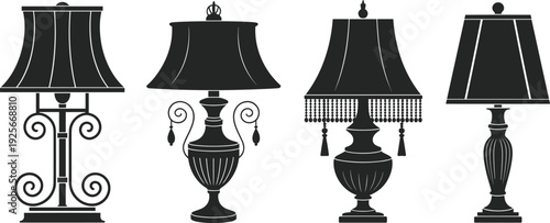 Four black vintage table lamps with different and embellishments white
