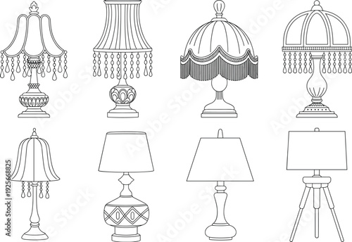 Eight different vintage lamps with various and shapes on a white background lamp shades lamp bases